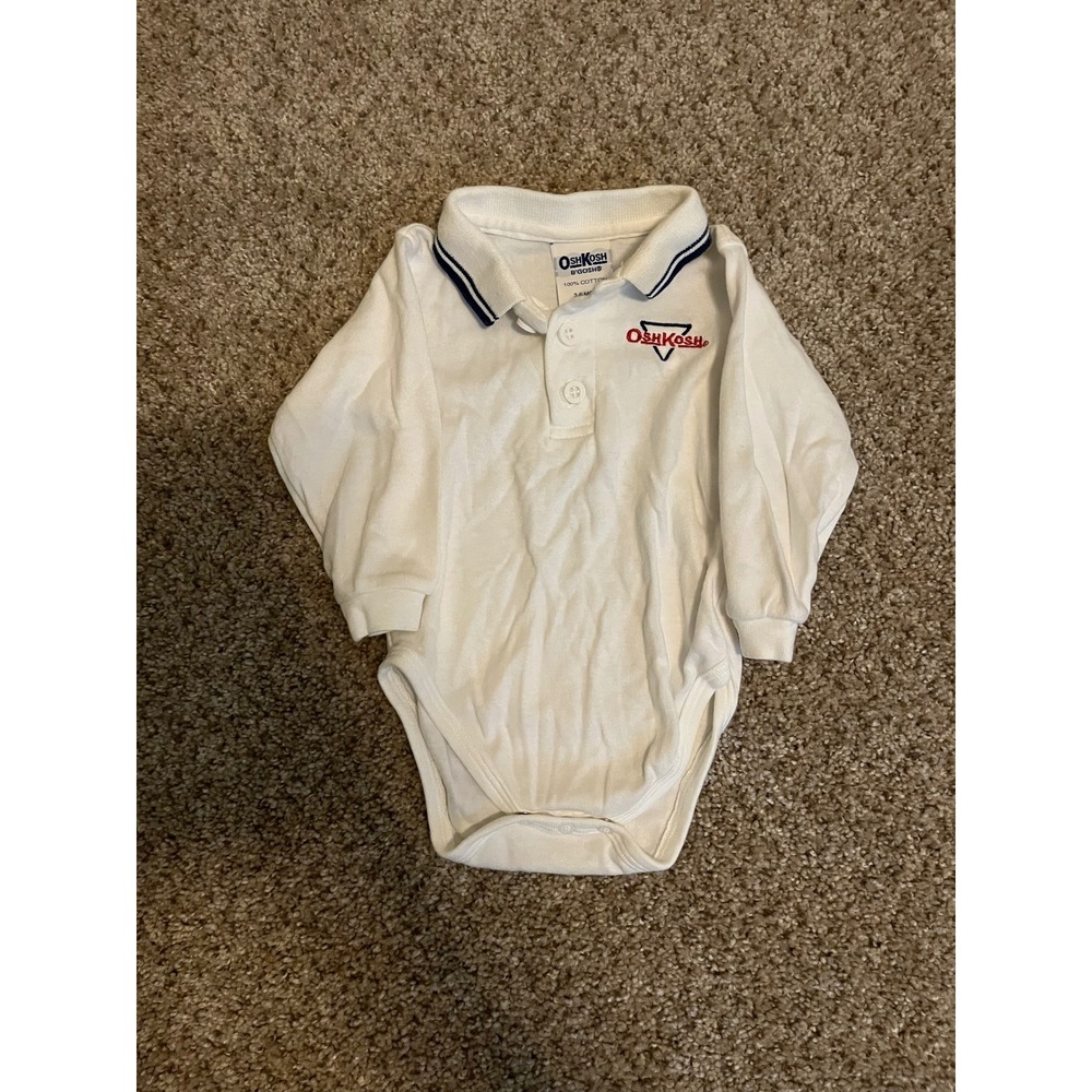 OshKosh Baby Bodysuit 3-6 Months White Long Sleeve Polo Collar Vintage USA Made